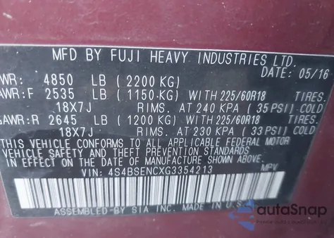 2016 Subaru Outback 3.6R Limited z USA, uszkodzony, nr VIN 4S4BSENCXG3354213